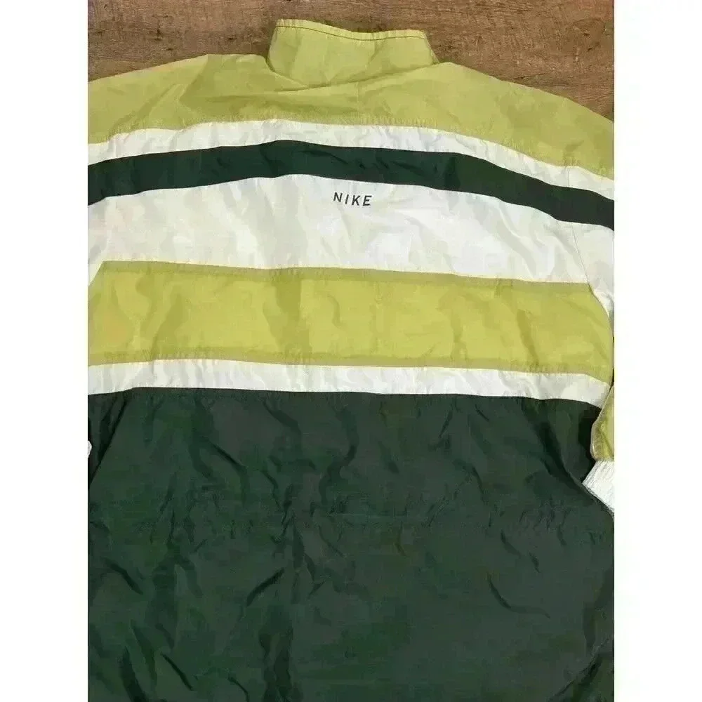Vtg 90s Nike Spell Out Striped Green Tan Windbreaker Full Zip Track Jacket M